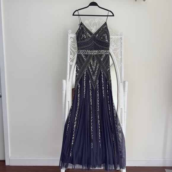 Marina Dress 12 Navy Sequin Rhinestone Maxi Floor Length Glam Gatsby Prom Gown - Picture 2 of 10